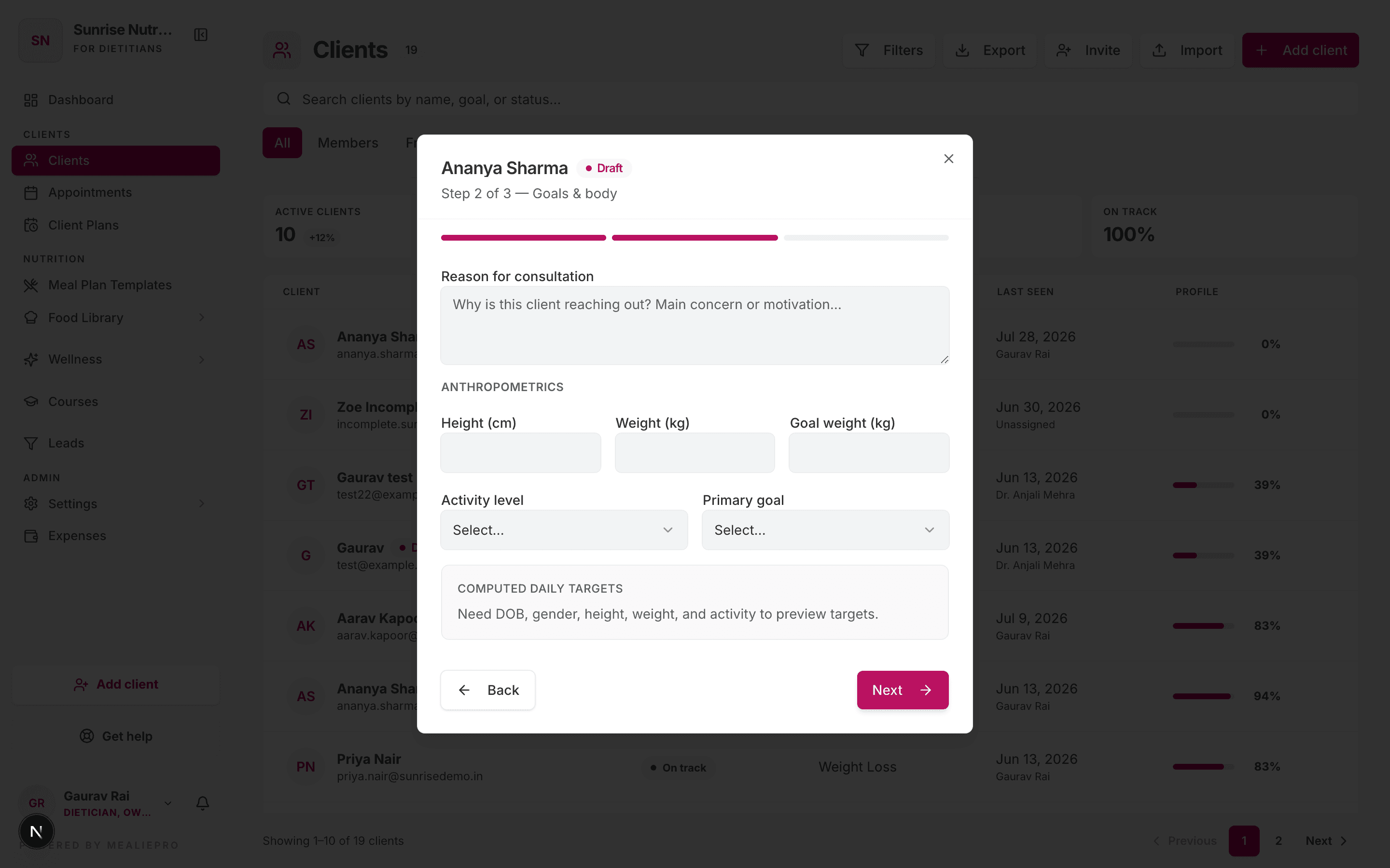 Add client — Step 2: Goals & body