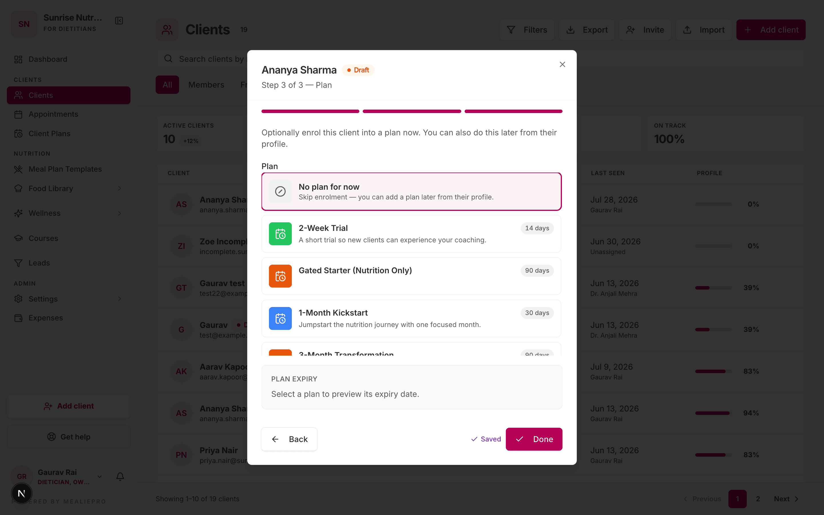 Add client — Step 3: Plan