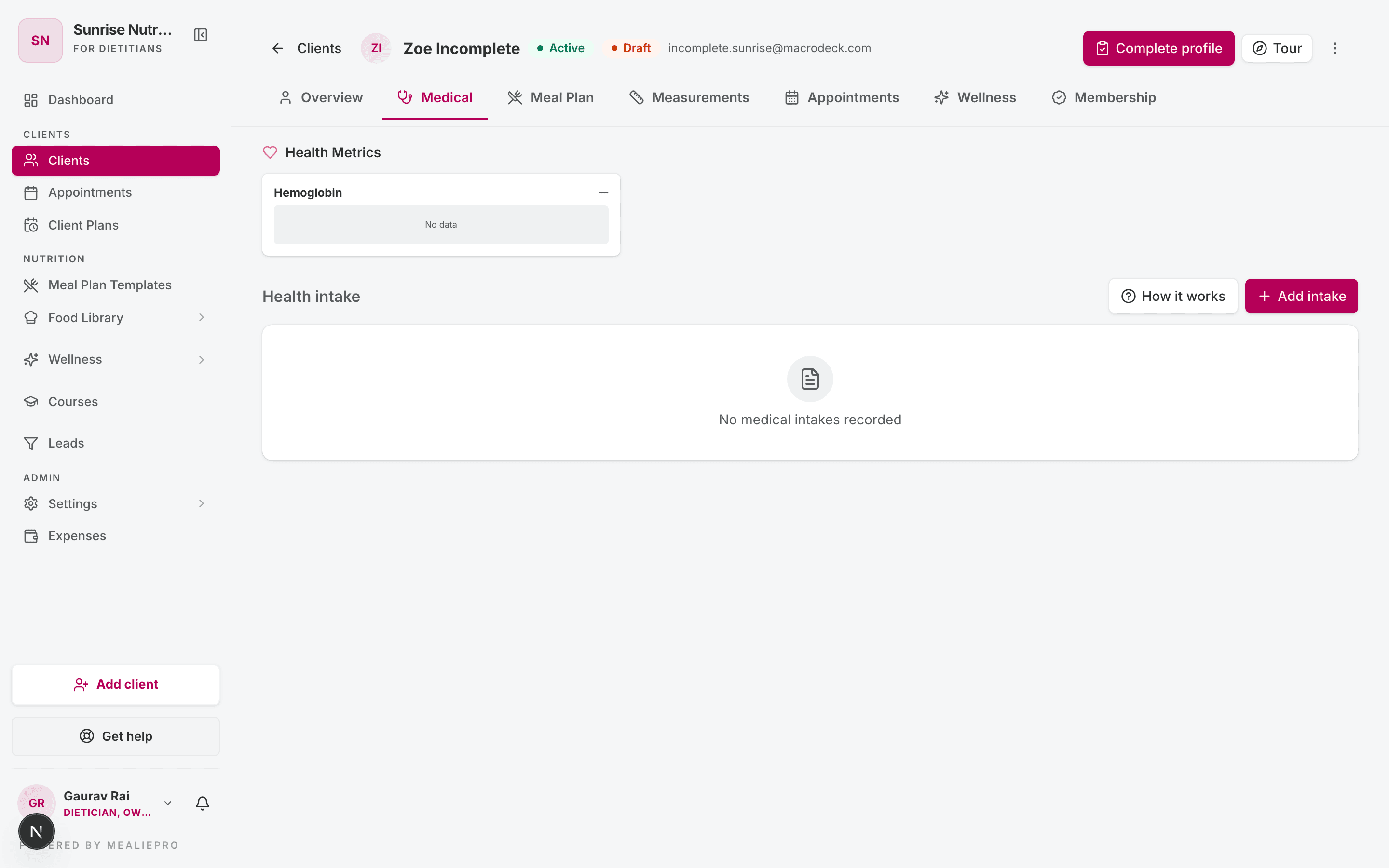Client profile — Medical tab