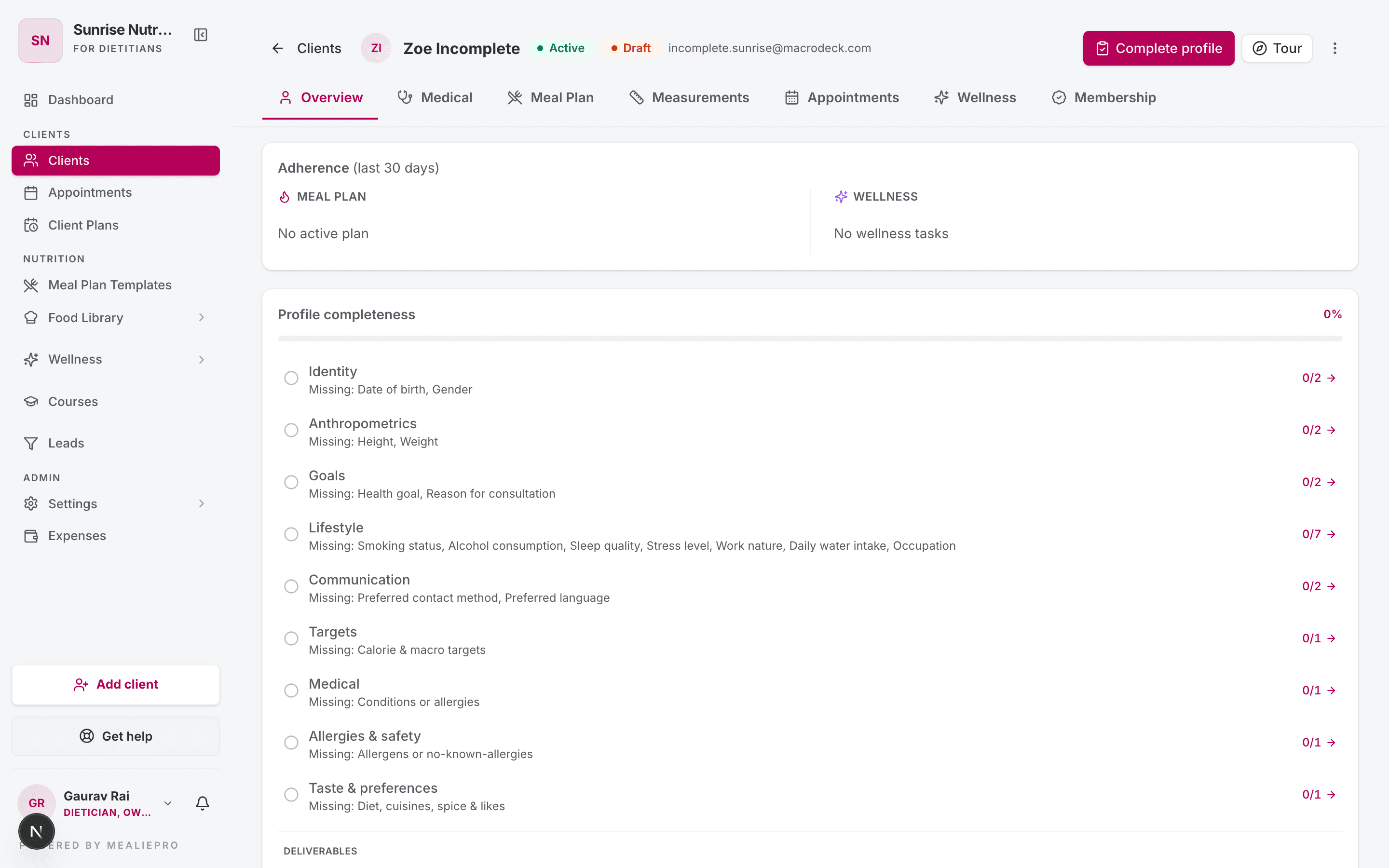 Client profile — Overview tab