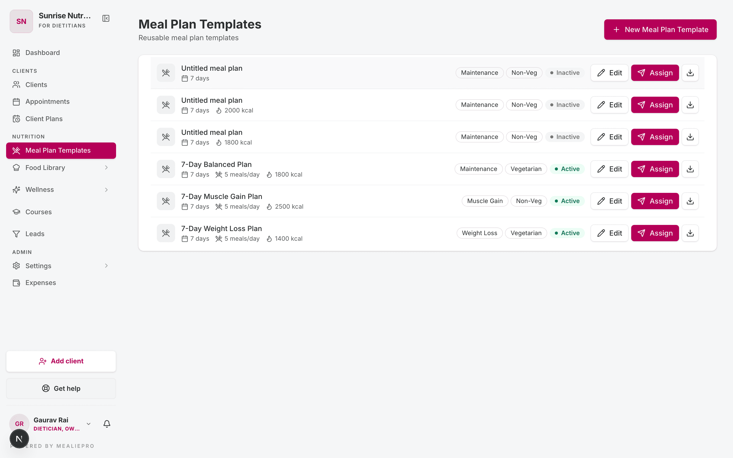 Meal plans list