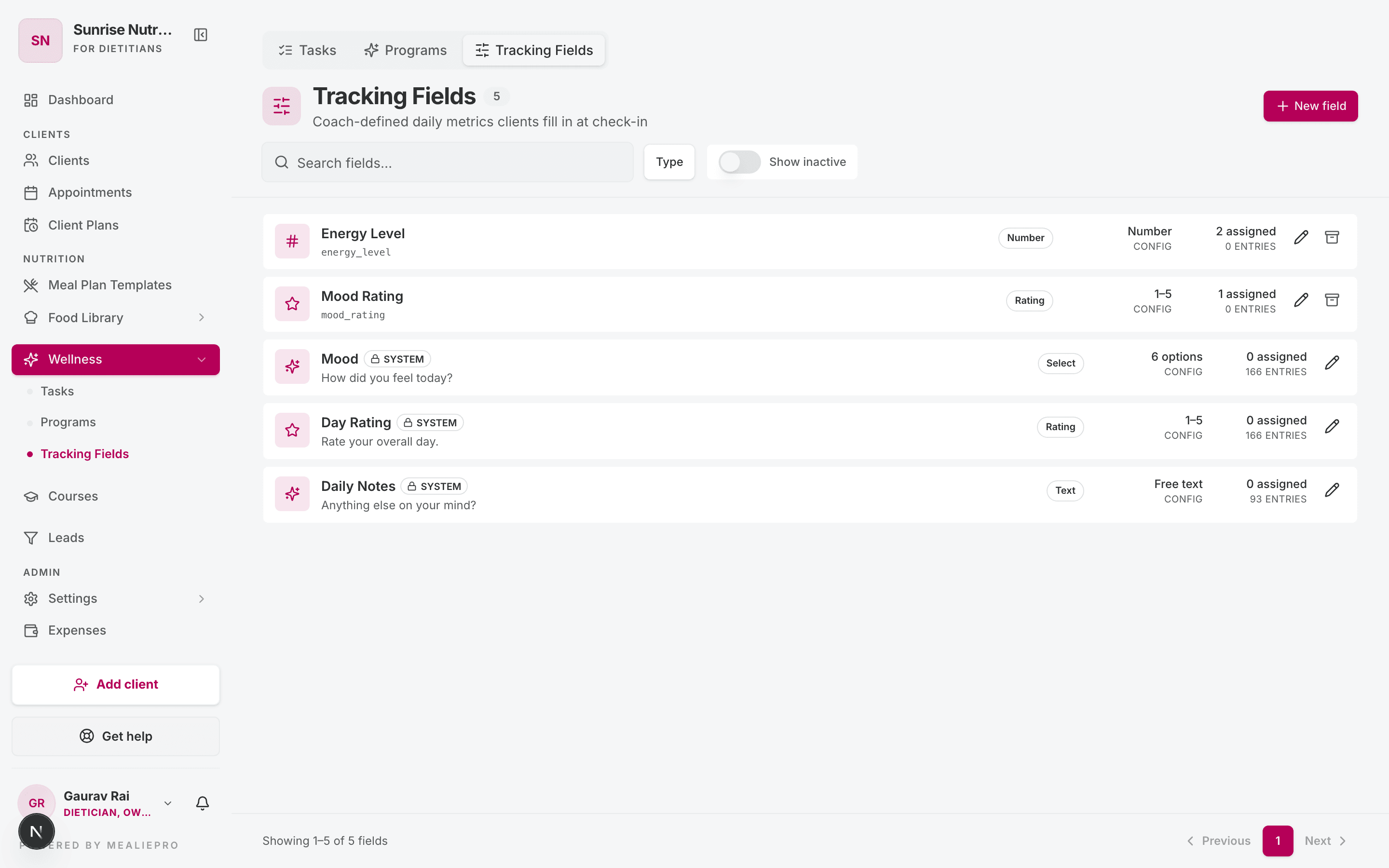 Wellness tracking fields